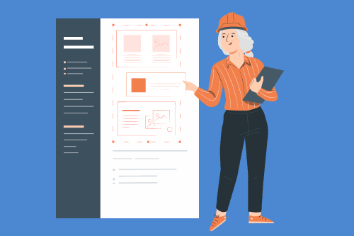 Graphic depicting an engineer standing in front of a large resume making adjustments to their engineering skills for the resume.