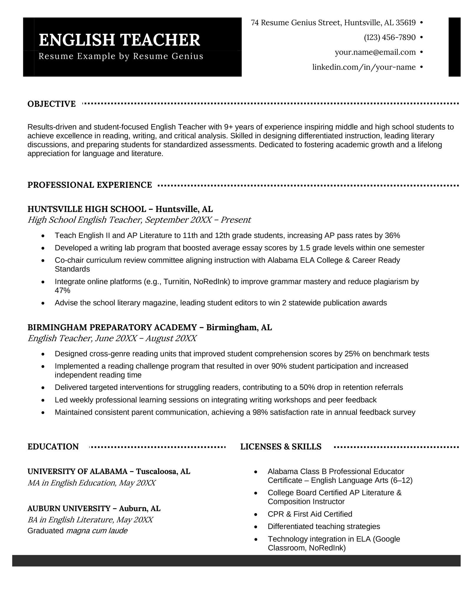 A English teacher resume example.