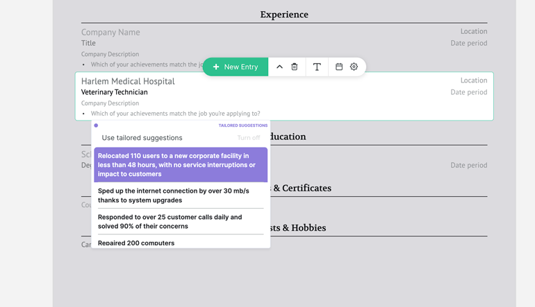 A screenshot of Enhancv's AI resume builder, showing the tailored suggestions provided for a veterinary technician. 