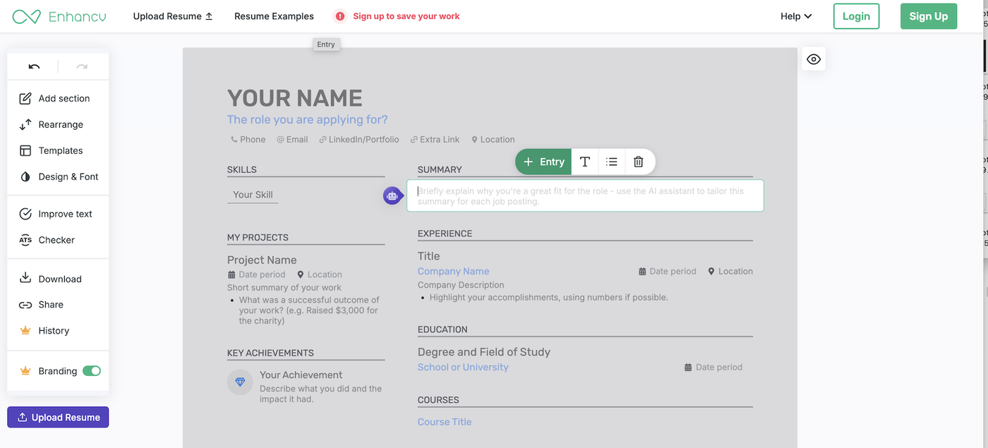 A screenshot of the Enhancv resume builder.