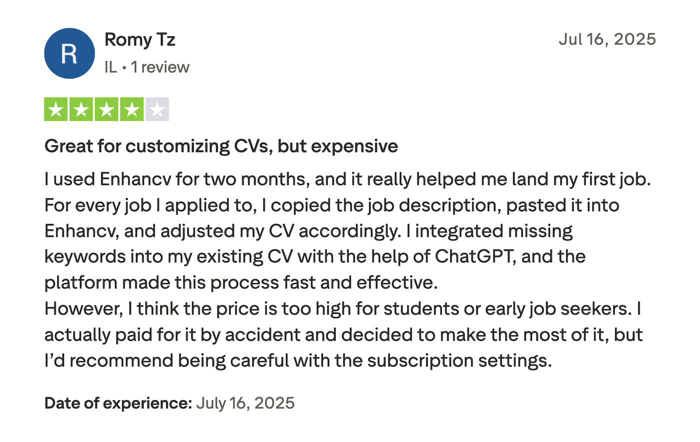 A review of Enchancv on Trustpilot complaining about the pricing.