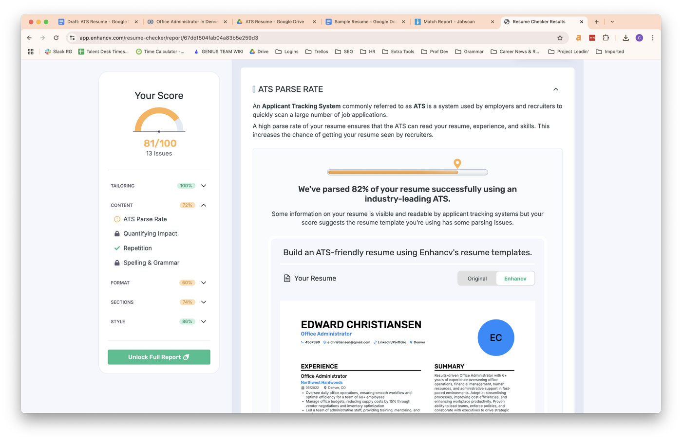 Screenshot showing Enhancv