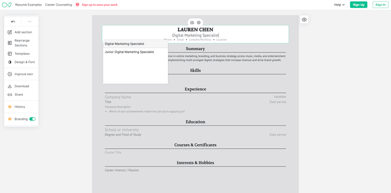 View of a blank resume in the Enhancv builder with the contact information selected to be filled in.
