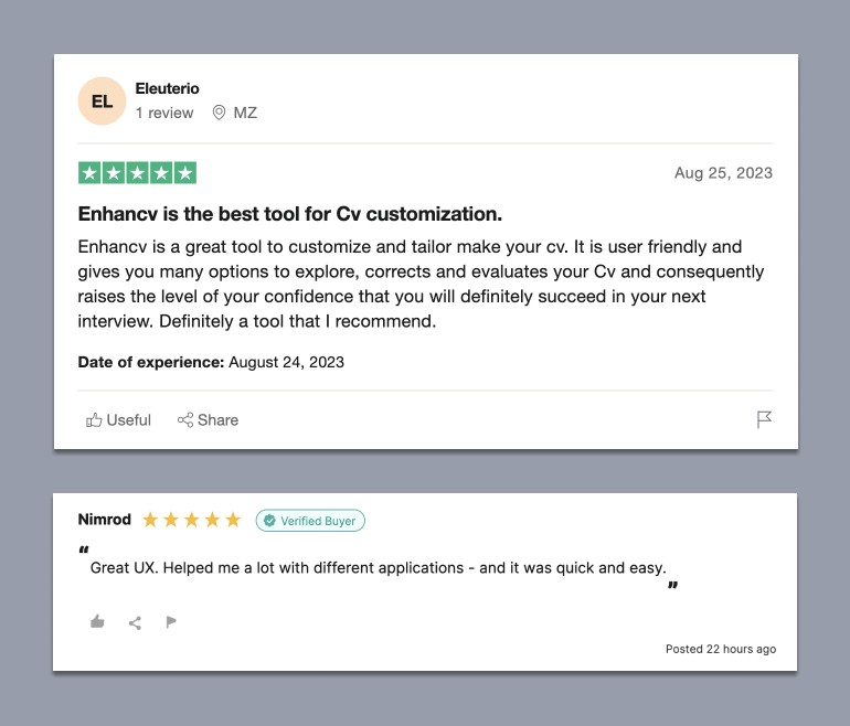 Two screenshots of positive Enhancv reviews, with users saying "Enhancv is the best tool for CV customization" and "Great UX. Helped me a lot with different applications - and it was quick and easy."
