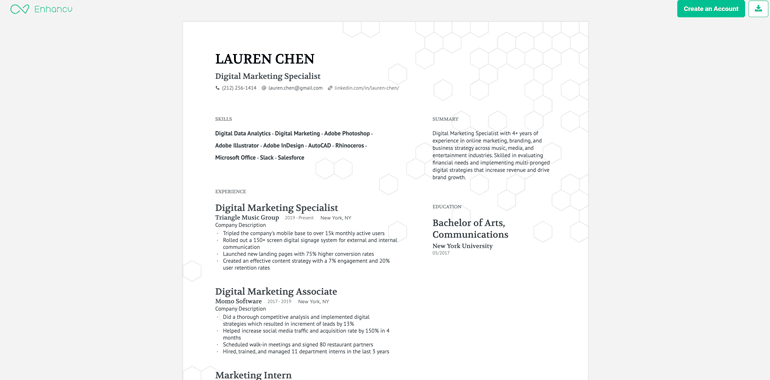 Screenshot showing the view of the resume in a browser.