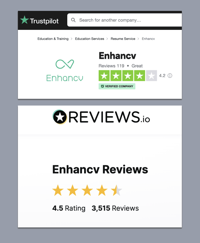 Two screenshots of the review ratings on Trustpilot and Reviews.io.