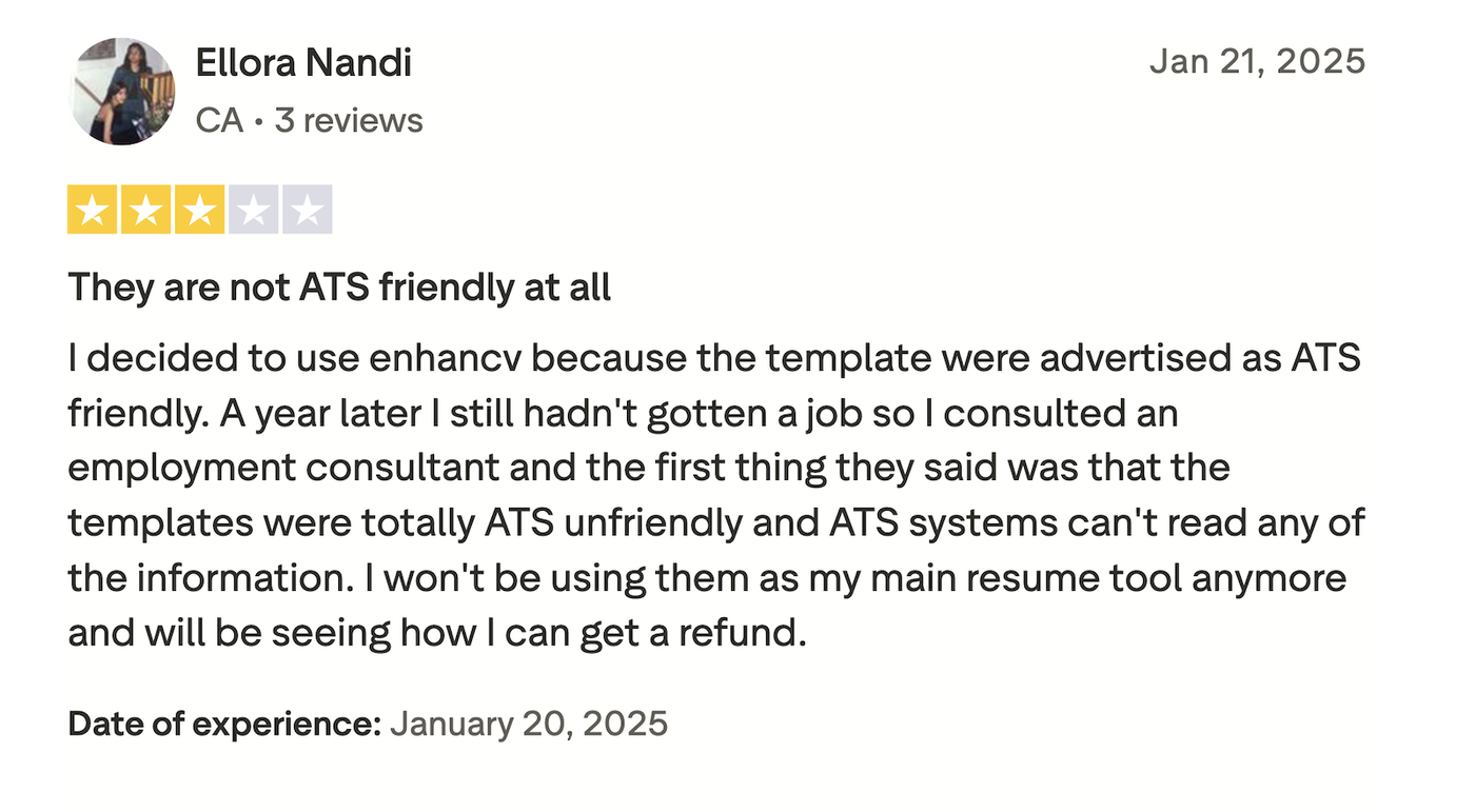 A review of Enhancv on Trustpilot complaining about the lack of ATS-friendly resume templates available.