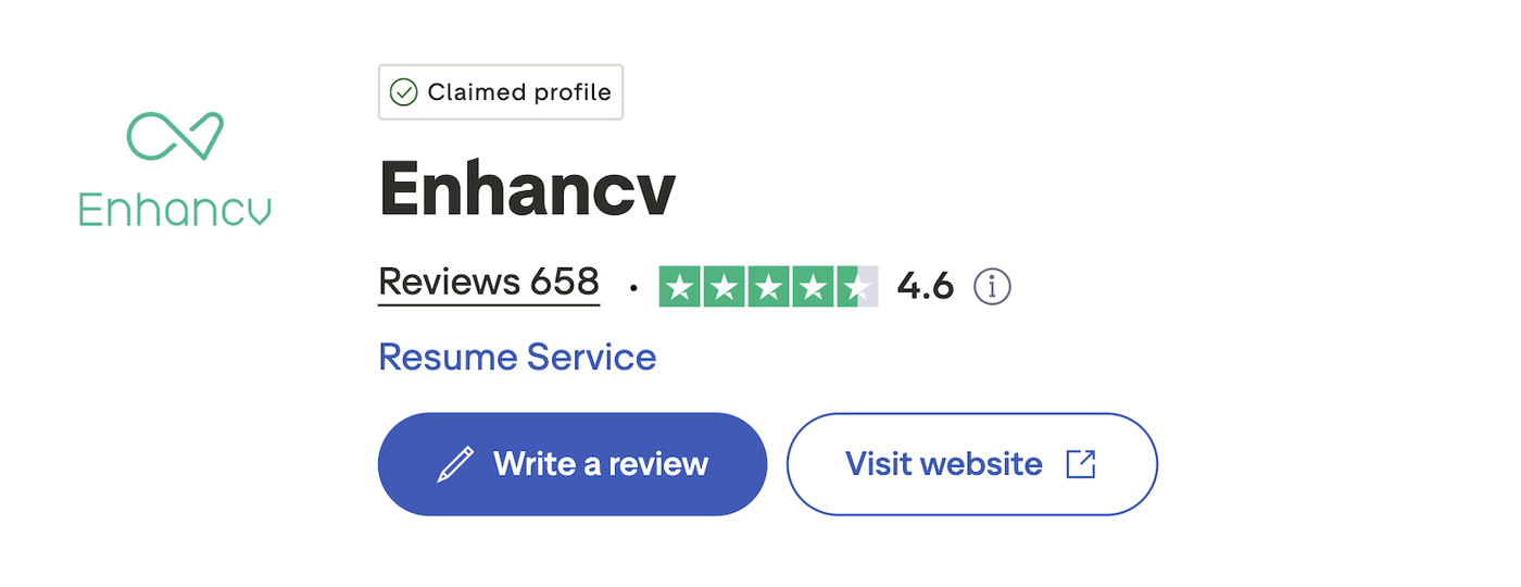 A screenshot of reviews of Enhancv resume builder on Trustpilot.
