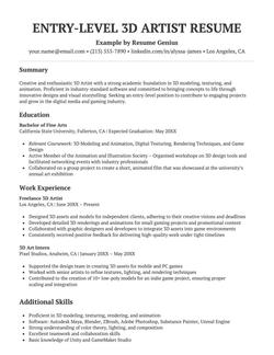 Entry-level 3D artist resume example and template