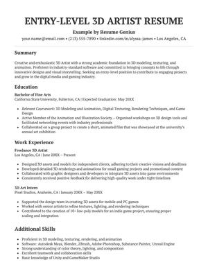 Entry-level 3D artist resume example and template