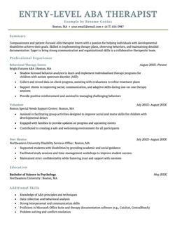 Entry-level ABA therapist resume example and template