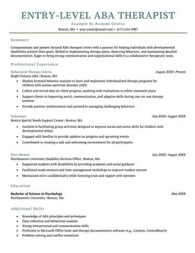 Entry-level ABA therapist resume example and template