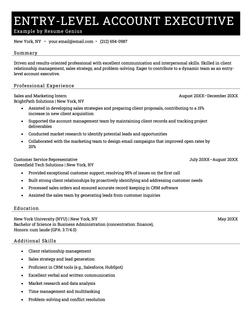 Entry-level account executive resume example and template
