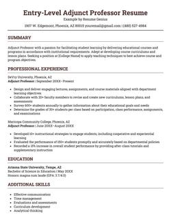 Entry level adjunct professor resume example