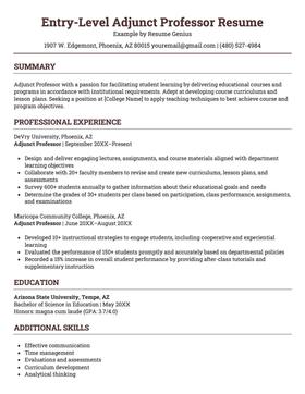 Entry level adjunct professor resume example