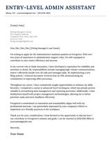 An entry-level administrative assistant cover letter with a dark blue header.