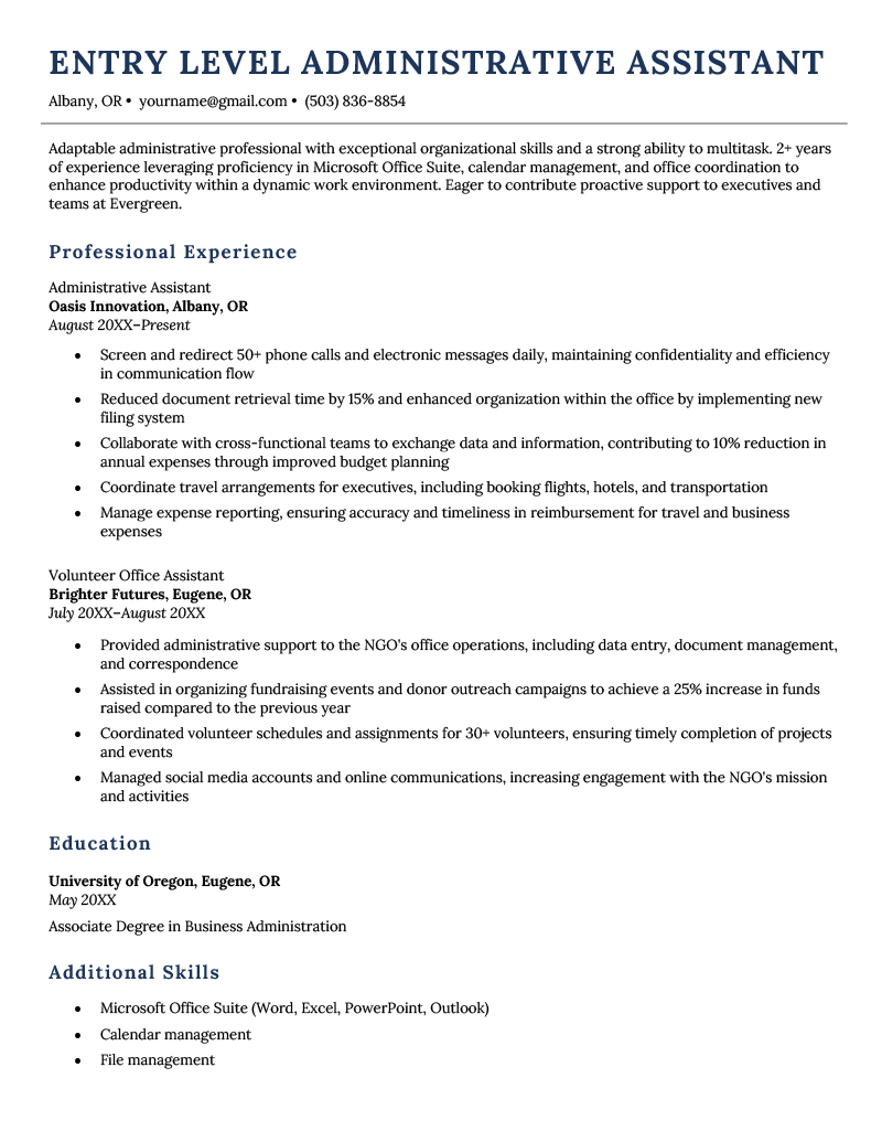 An entry-level administrative resume example using a blue template.