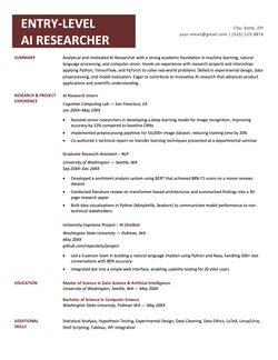 Entry level AI researcher resume example and template