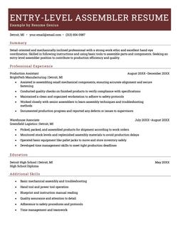 Entry-level assembler resume example