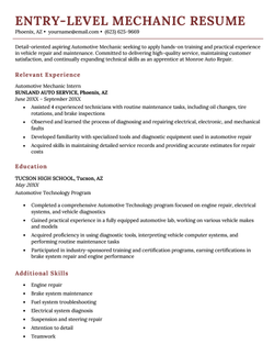 An entry-level auto mechanic resume example using a template with red headers.