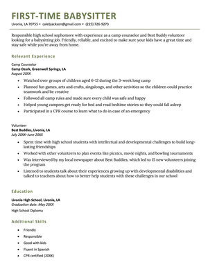 An entry level babysitter resume example on a template with a green header
