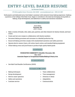 Entry-level baker resume example and template