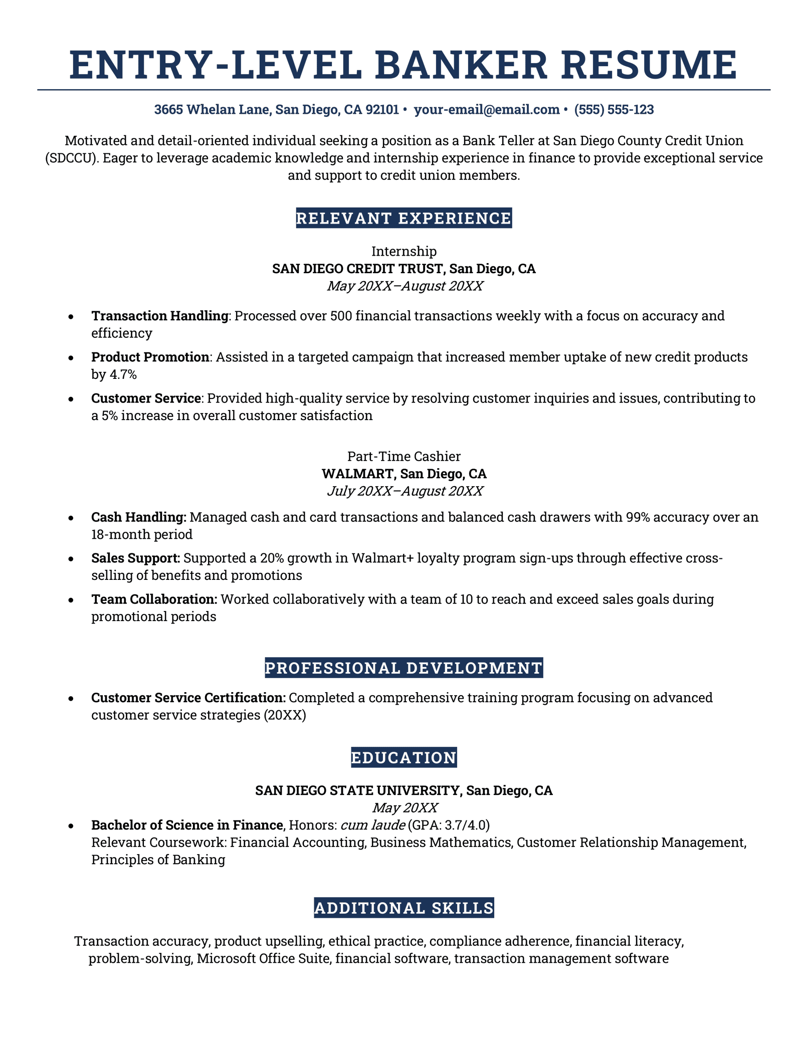 An entry-level banker resume that uses a crisp navy blue color scheme and smart block-colour backgrounds for each section heading.