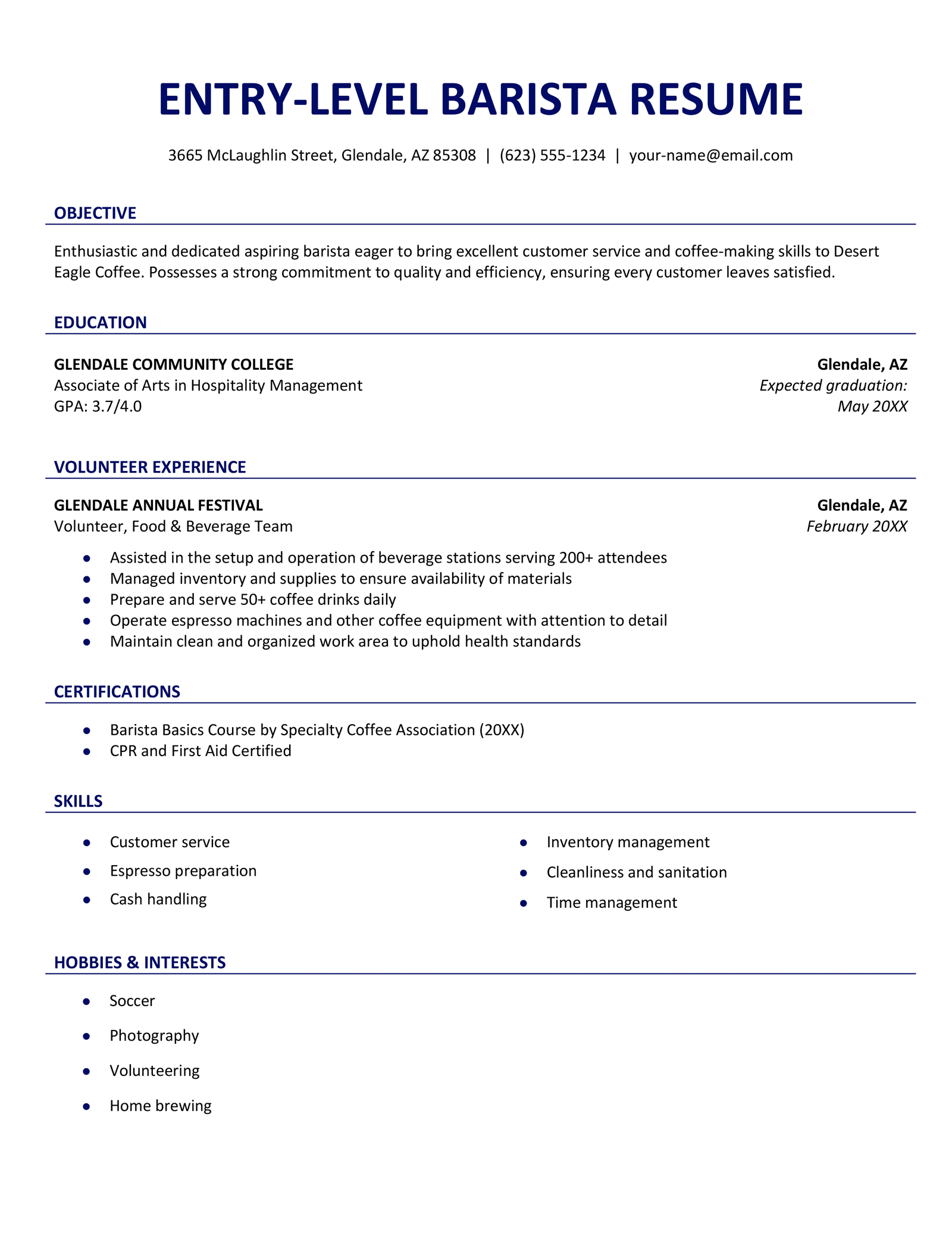 An entry-level barista resume with a navy blue color scheme and an optional hobbies and interests section.