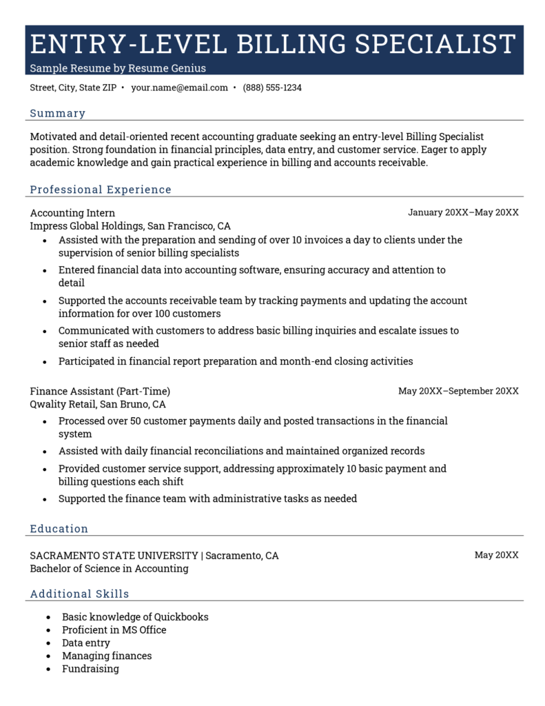 3 Billing Specialist Resume Examples - Entry Level Billing Specialist Resume 791x1024 