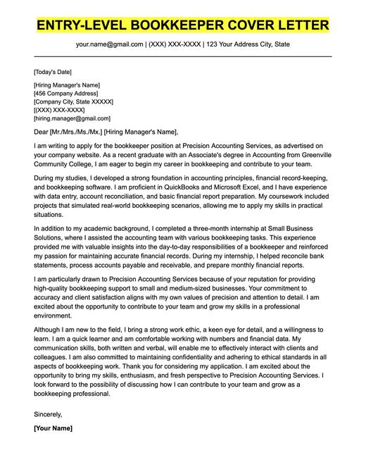 An example cover letter for an entry-level bookkeeping position.