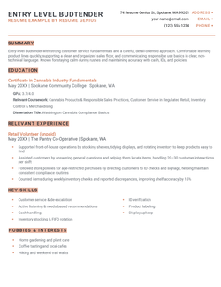 An entry-level budtender resume example.