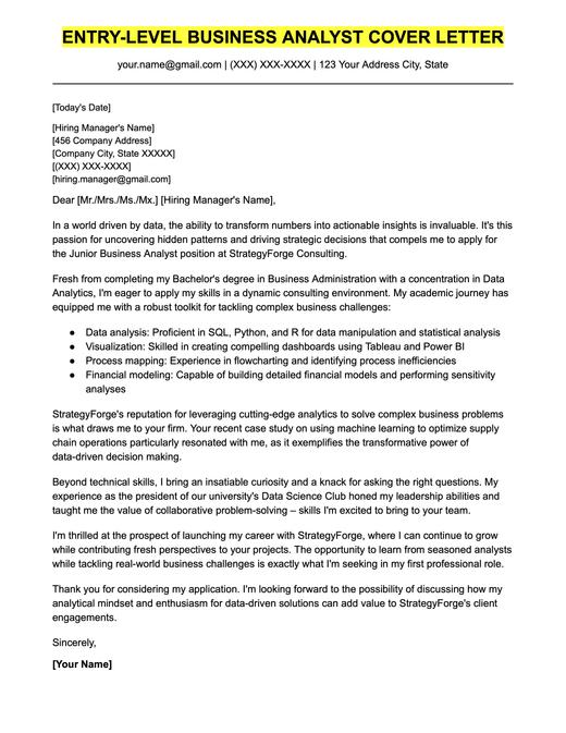 An example cover letter for an entry-level business analyst.