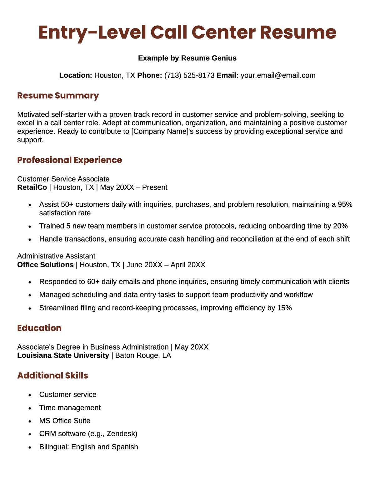 Call Center Resume Examples & Writing Guide