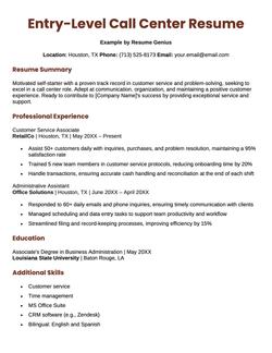 A great example of an entry level call center representative resume.