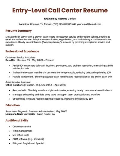 A great example of an entry level call center representative resume.
