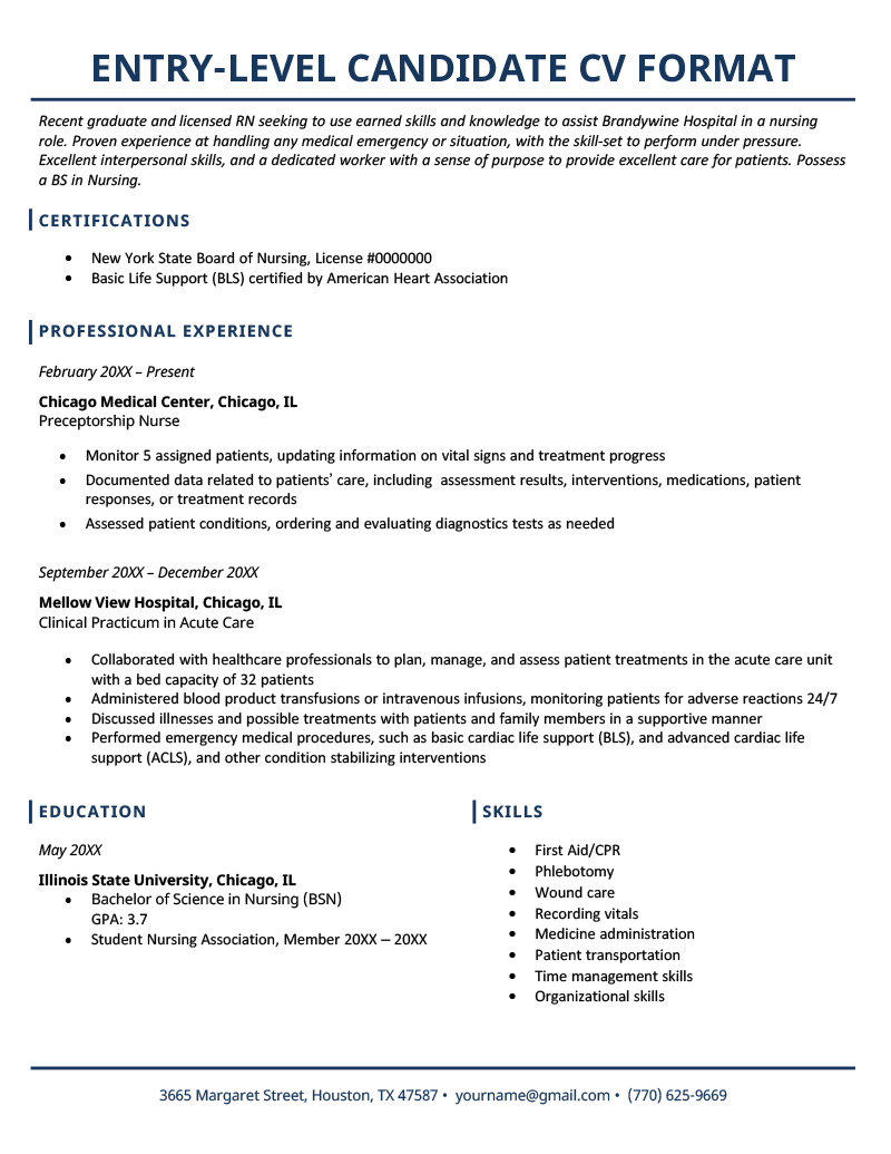 A white and blue CV using the proper CV format for an entry-level candidate.