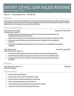 Example of an entry level car sales resume
