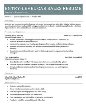 Example of an entry level car sales resume