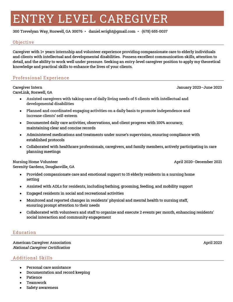 An entry-level caregiver resume on a well-formatted template with a coral-colored horizontal header.