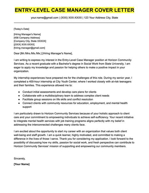 An example cover letter for an entry-level case manager position.