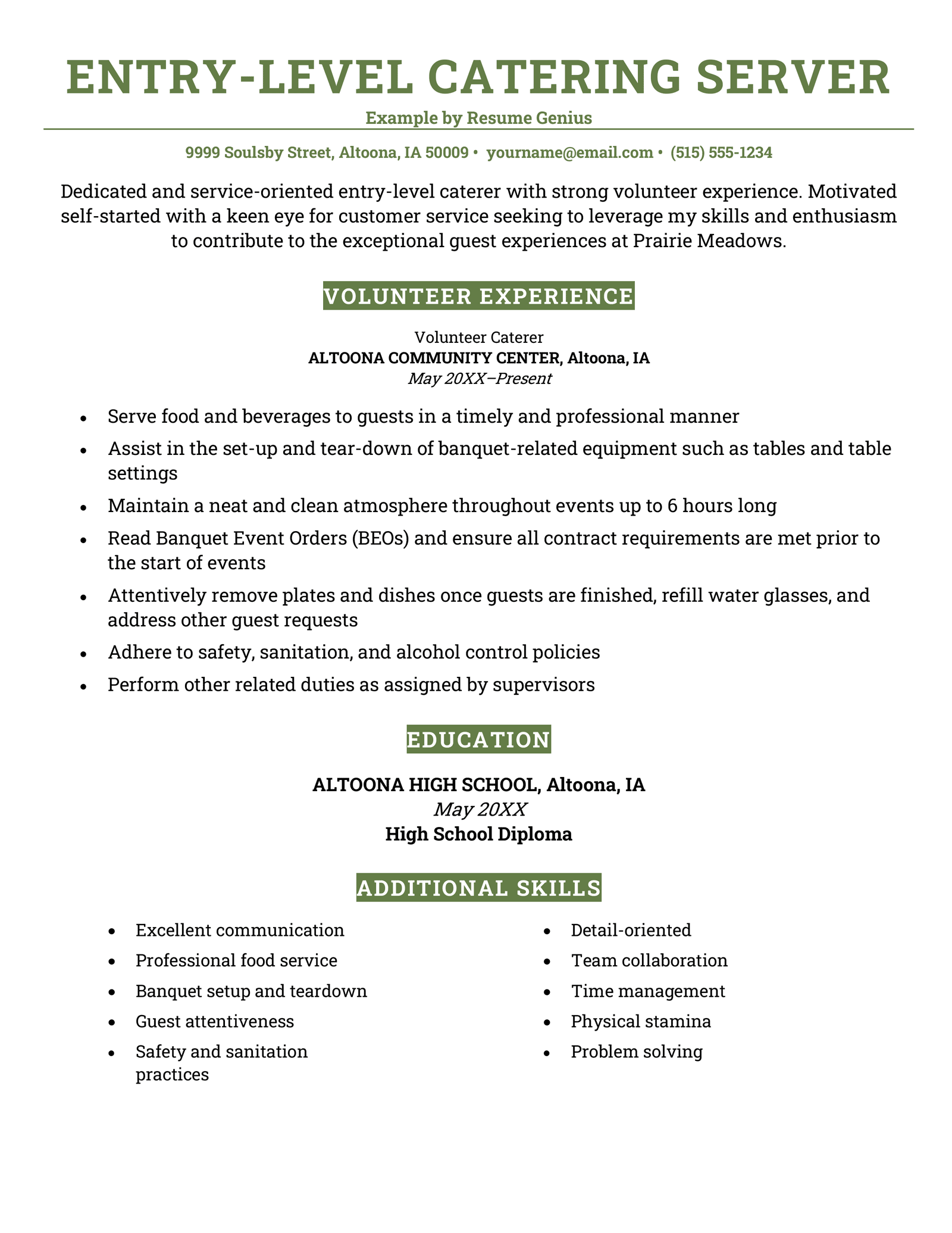 An entry-level catering server resume example.