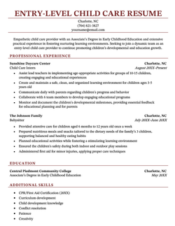 An entry-level childcare resume using a template with red headers.