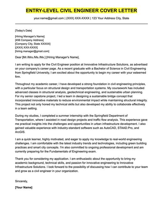 An example cover letter for an entry-level civil engineer.