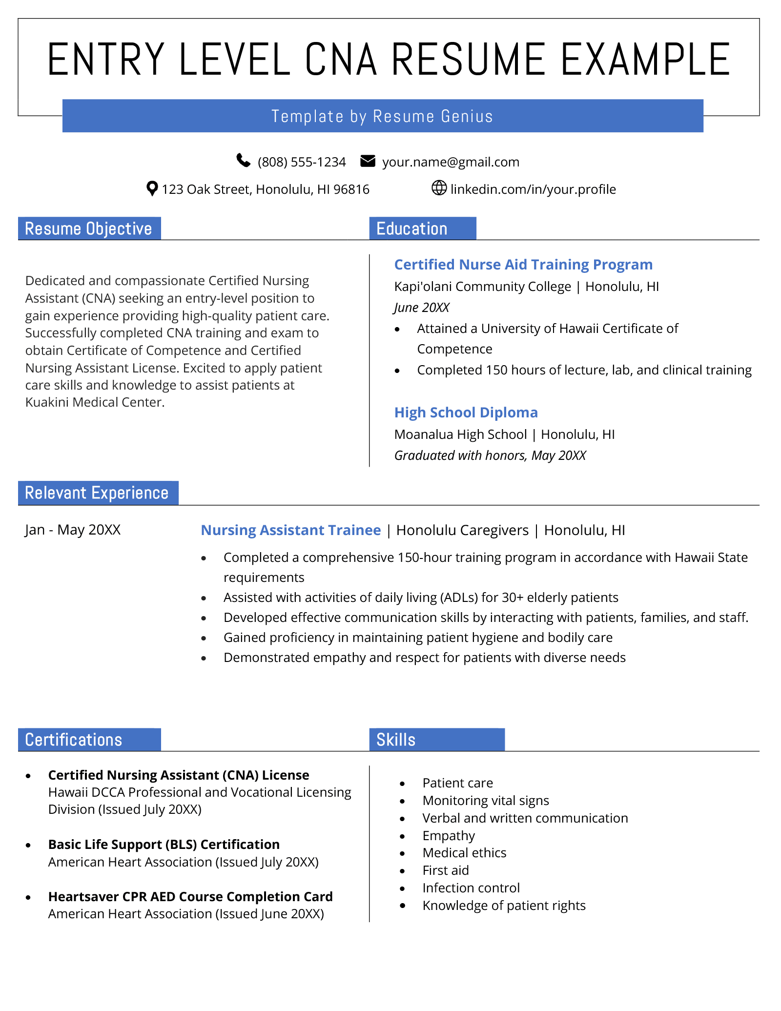 Example of an entry-level CNA resume with a layout that highlight's the candidate's relevant education, experience, and certifications, with a large header and blue section headings.