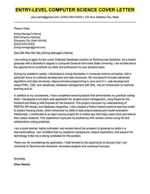 An example cover letter for an entry-level computer science role.