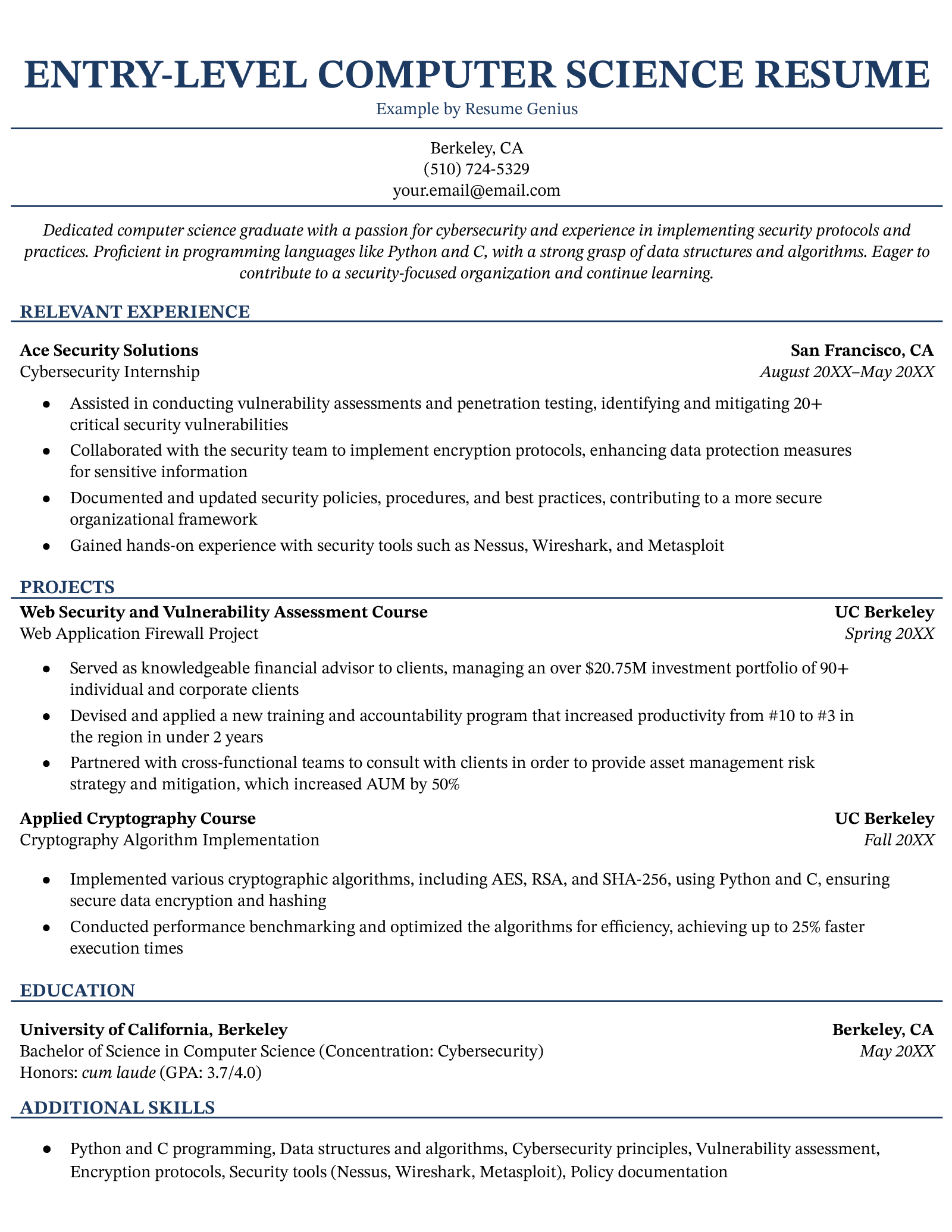 An example resume for an entry-level computer science professional. 