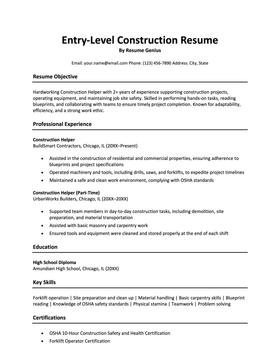 Entry-level construction resume example and template