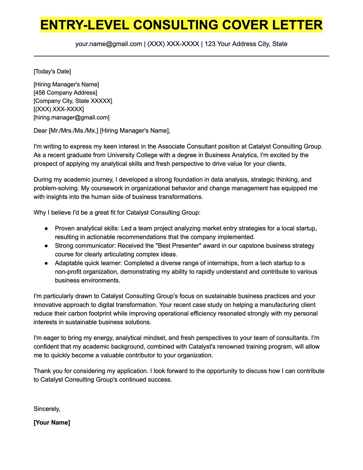 An example cover letter for an entry-level consulting position.