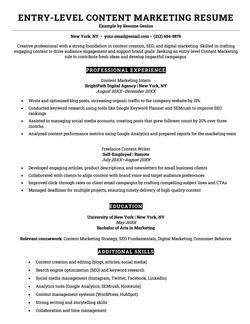 An example of a resume for an entry-level content marketing position