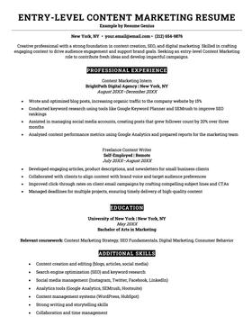 An example of a resume for an entry-level content marketing position